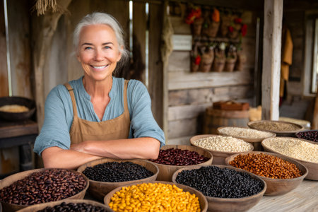 Senior woman smiling, standing behind bowls of various healthy beans and grains at a rustic market stallの素材