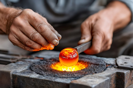 Artisan's hands working with molten glass over a fiery furnace, creating glass artの素材