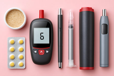 Diabetes equipment, sugar, and medication on a pink background for health controlの素材