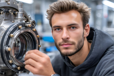 Engineer man concentrating while performing experimental research in a high tech labの素材