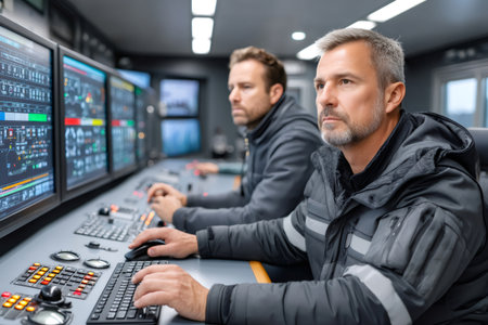 Engineers monitoring data and controlling industrial processes using advanced technologyの素材