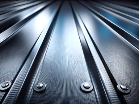 Brushed metallic corrugated surface featuring rivets with blue highlights, presenting a modern industrial backgroundの素材