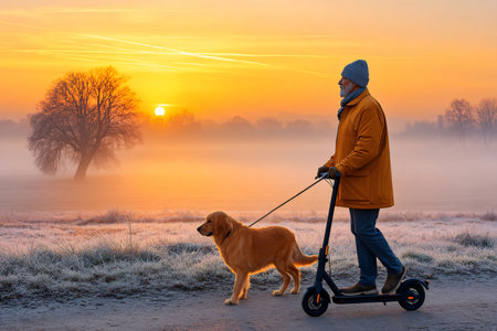 Senior man with golden retriever and e scooter enjoying a frosty morning walkの素材