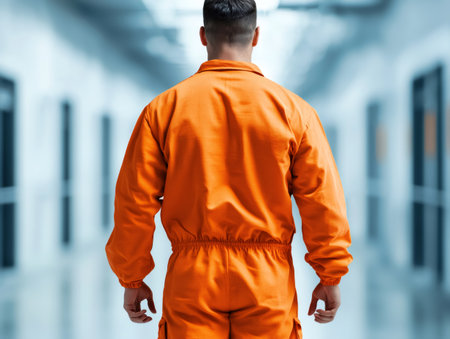 Prisoner man wearing orange jumpsuit walking away down long detention corridorの素材