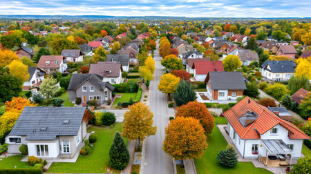 Residential houses lining a tree lined street during the vibrant fall seasonの素材