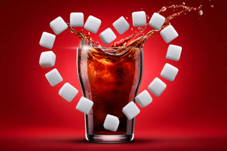 Sugar cubes creating a heart shape around a splashing glass of colaの素材