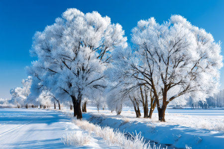 Hoarfrost covering trees and ground creating a serene winter scene under clear blue skyの素材