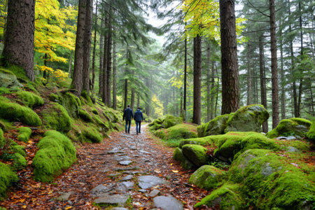 Two men hiking on a tranquil autumn forest trail, surrounded by vibrant green moss and tall treesの素材
