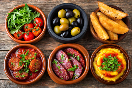 Various traditional Iberian appetizer dishes arranged on a rustic wooden surfaceの素材