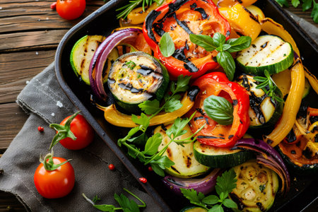 Colorful grilled bell peppers, zucchini, and onions preparing a healthy vegetarian mealの素材