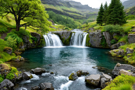 Kirkjufellsfoss waterfall flowing into a clear pool, surrounded by pristine green hills and treesの素材