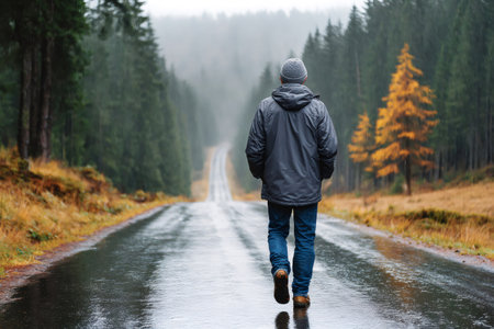 Man walking alone on a wet road through a pine forest during heavy rain in autumnの素材