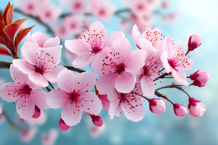 Cherry blossom branches displaying delicate pink flowers and unopened buds against blue skyの素材