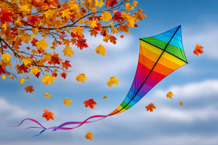 Colorful rainbow kite flying in a blue sky with autumn maple leaves fallingの素材