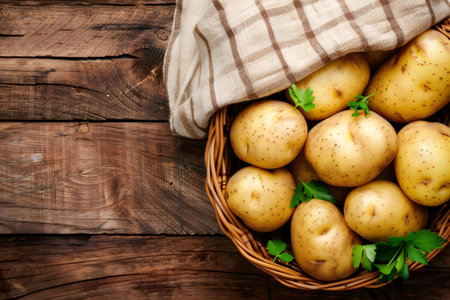 Freshly harvested raw potatoes in a rustic basket on a dark wooden backgroundの素材