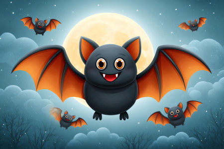 Cartoon bats flying in a spooky night sky with a full moon and bare treesの素材