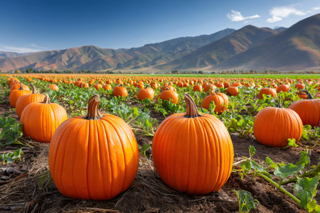 Pumpkins growing in a large agricultural field under a clear blue sky with mountainsの素材