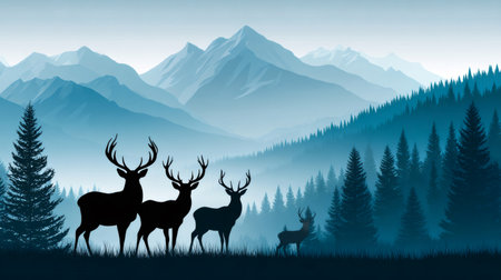 Deer silhouetted against a serene mountain and forest backdropの素材