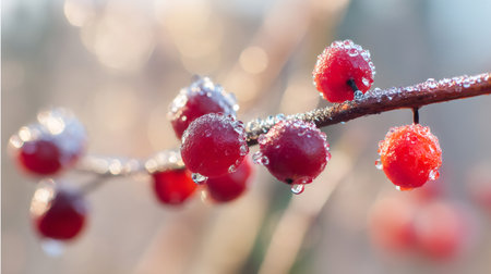 Red winterberry holly berries covered in icy frost and melting dew drops on a branchの素材