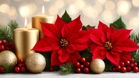 Christmas poinsettias, golden candles, and glitter ornaments creating a festive holiday sceneの素材