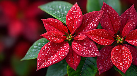 Vibrant red poinsettia plants with green leaves covered in fresh dew dropsの素材