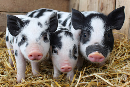 Spotted baby pigs in a group looking directly at the viewer on a farmの素材