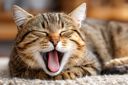 Domestic cat with eyes closed, mouth open wide, displaying its tongueの素材