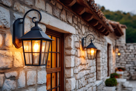 Rustic stone building exterior illuminating path at duskの素材
