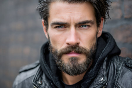 Headshot of a handsome man with blue eyes and a full beard, wearing a leather jacketの素材