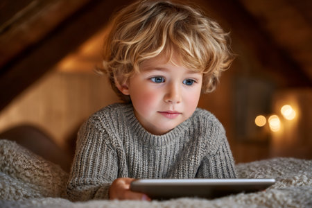 Blond boy concentrating on a digital tablet screen while relaxing indoorsの素材
