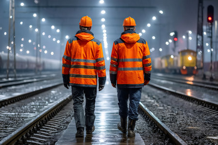 Two workers in high visibility gear walking along illuminated train tracks at an industrial siteの素材