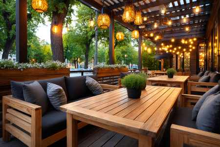 Empty outdoor cafe terrace showcasing wooden furniture and warm lights at duskの素材