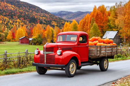 Red truck transporting pumpkins through a scenic autumn landscape with colorful fall foliageの素材