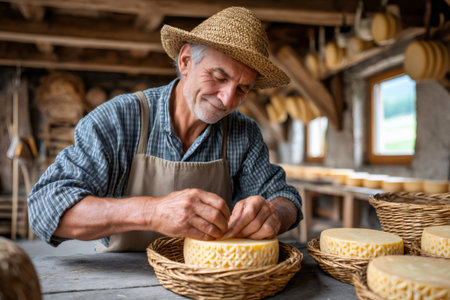 Older cheesemaker handling a wheel of cheese inside a traditional rural cheese factoryの素材