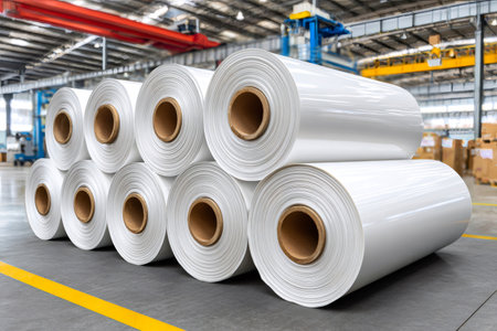 Plastic film rolls stacking in an industrial production factory warehouseの素材