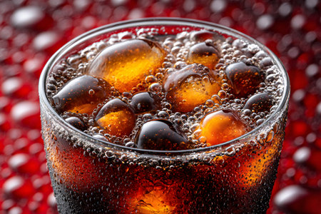 Refreshing cola soda with ice cubes and visible condensation bubbles on a red backgroundの素材