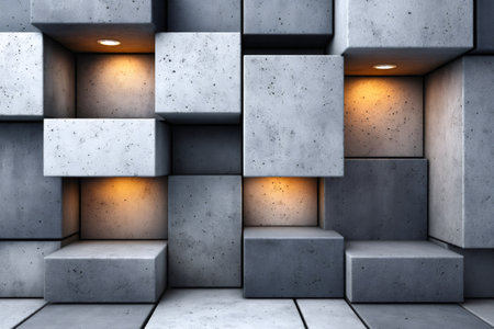 Concrete cube blocks creating a textured abstract background with recessed spotlights illuminating nichesの素材