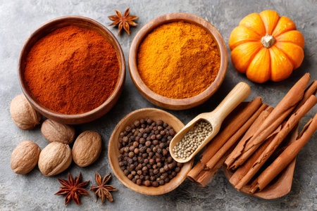 Various fall spices and a small pumpkin ready for seasonal cooking and bakingの素材