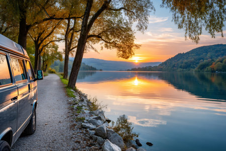 Camper van parked on gravel road next to a tranquil lake, reflecting the vibrant sunset colorsの素材