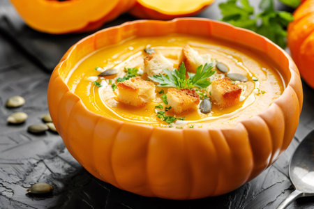 Creamy pumpkin soup adorned with croutons, pumpkin seeds, and fresh parsleyの素材