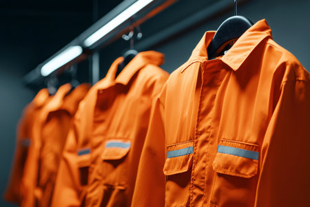 Row of bright orange workwear overalls with reflective stripes hanging on a rackの素材
