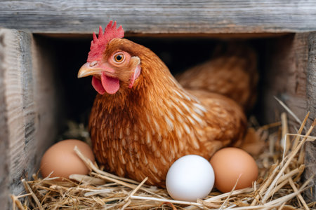 Hen safely incubating her fresh eggs in organic strawの素材