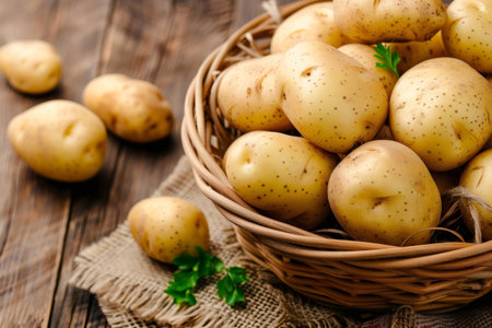 Raw potatoes filling a woven basket on a wooden table, representing natural healthy foodの素材