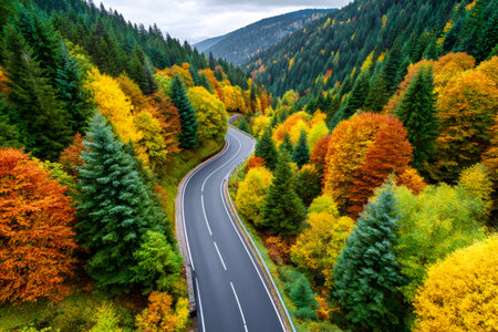Curved road finding its way through a vibrant autumn forest with colorful trees and deep valleysの素材