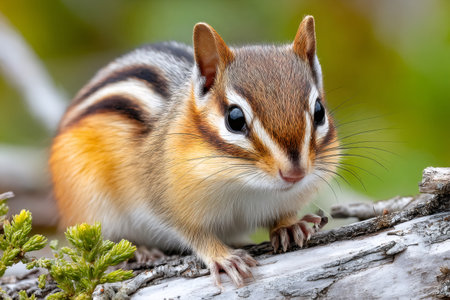 Chipmunk standing on a weathered tree branch, looking alertly forwardの素材