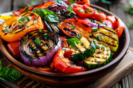 Grilled zucchini, bell peppers, tomatoes, and red onion served in a bowlの素材