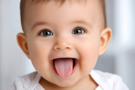 Cute baby smiling, looking at camera, showing playful tongueの素材