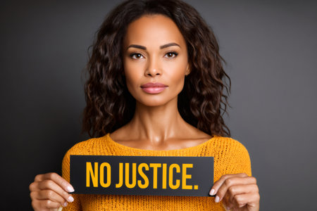 Black woman holding no justice sign expressing protest and social inequalityの素材
