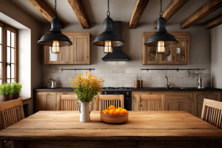 Rustic wooden kitchen and dining area showcasing a warm, inviting farmhouse styleの素材