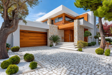 Contemporary residential architecture with a landscaped driveway and entranceの素材